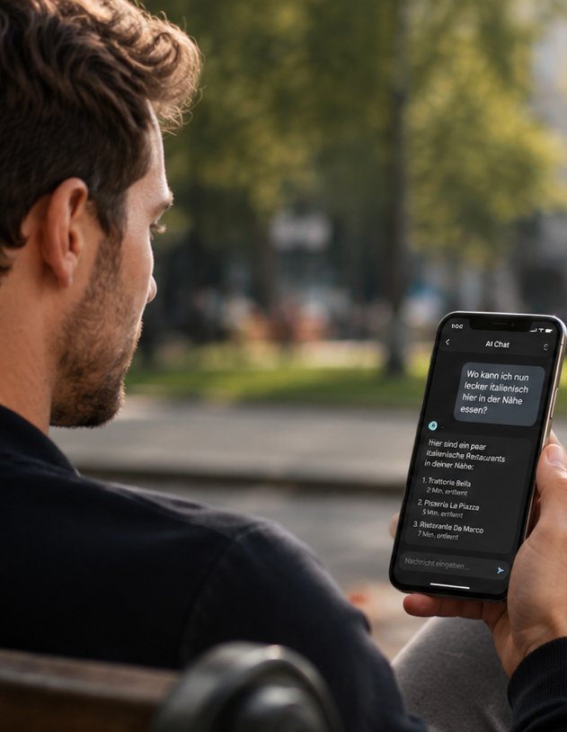 Gast nutzt einen KI-Chat auf dem Smartphone im Park