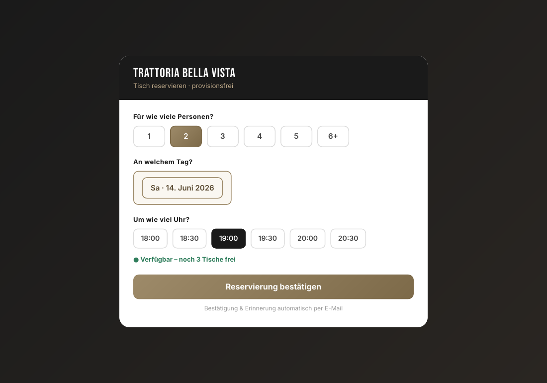 Reservierungstool: Verfügbarkeitskalender, Personenwahl und Gästeformular im Restaurant-Design